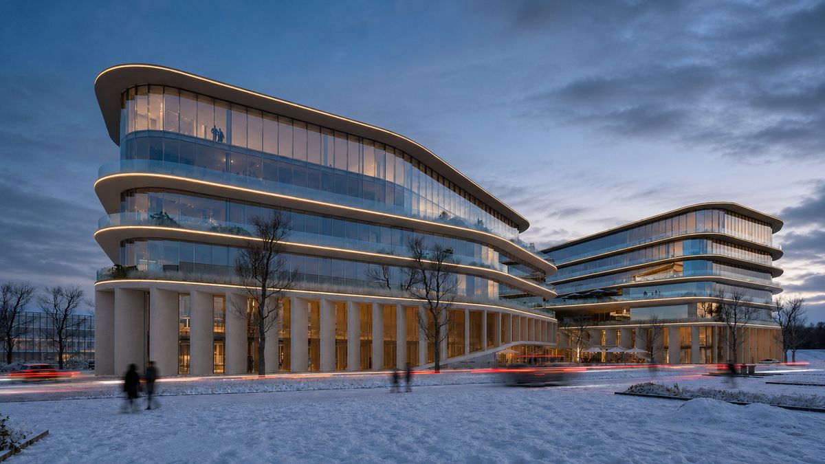 Visualisation of the site at blue hour, the stacked terraces in silhouette