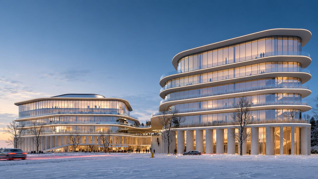 Visualisation of both volumes at dusk, with the lower link between them