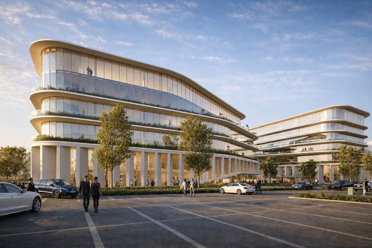 Visualisation of the two rounded volumes in evening light, with a colonnade at ground level