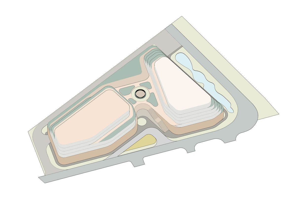 Third step of the massing development, with the garden between the two volumes