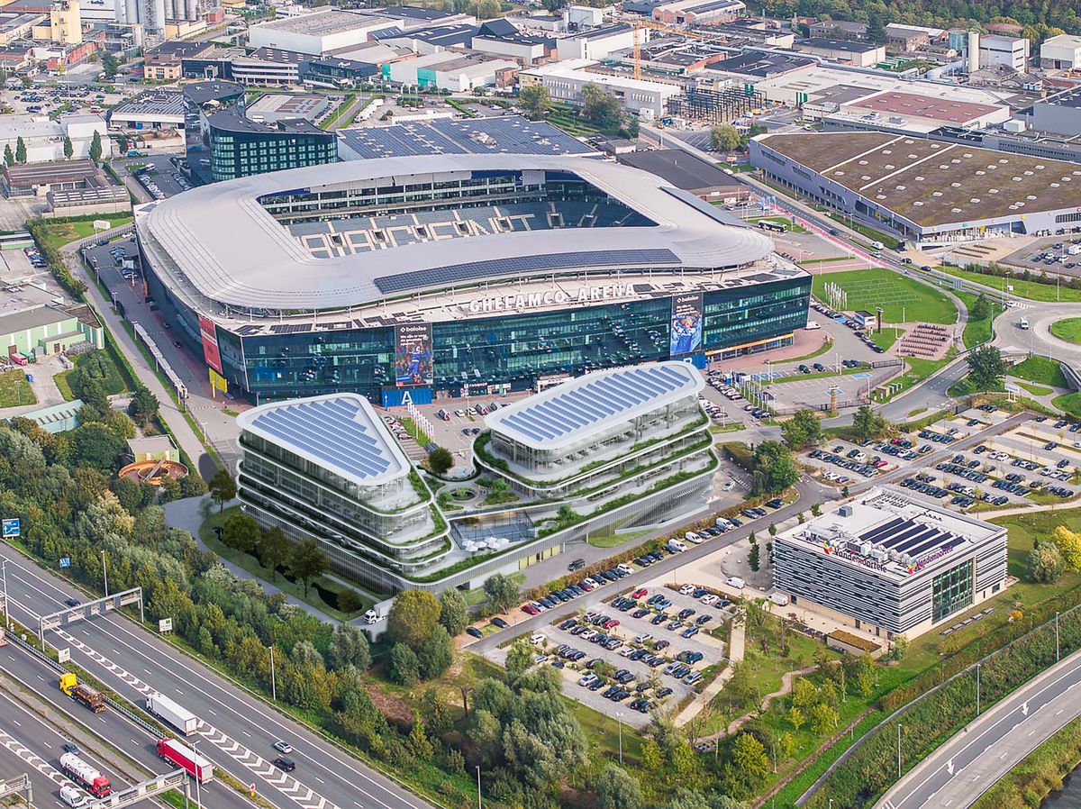 Aerial photomontage of the proposal on the site along the ring road, next to the existing office buildings