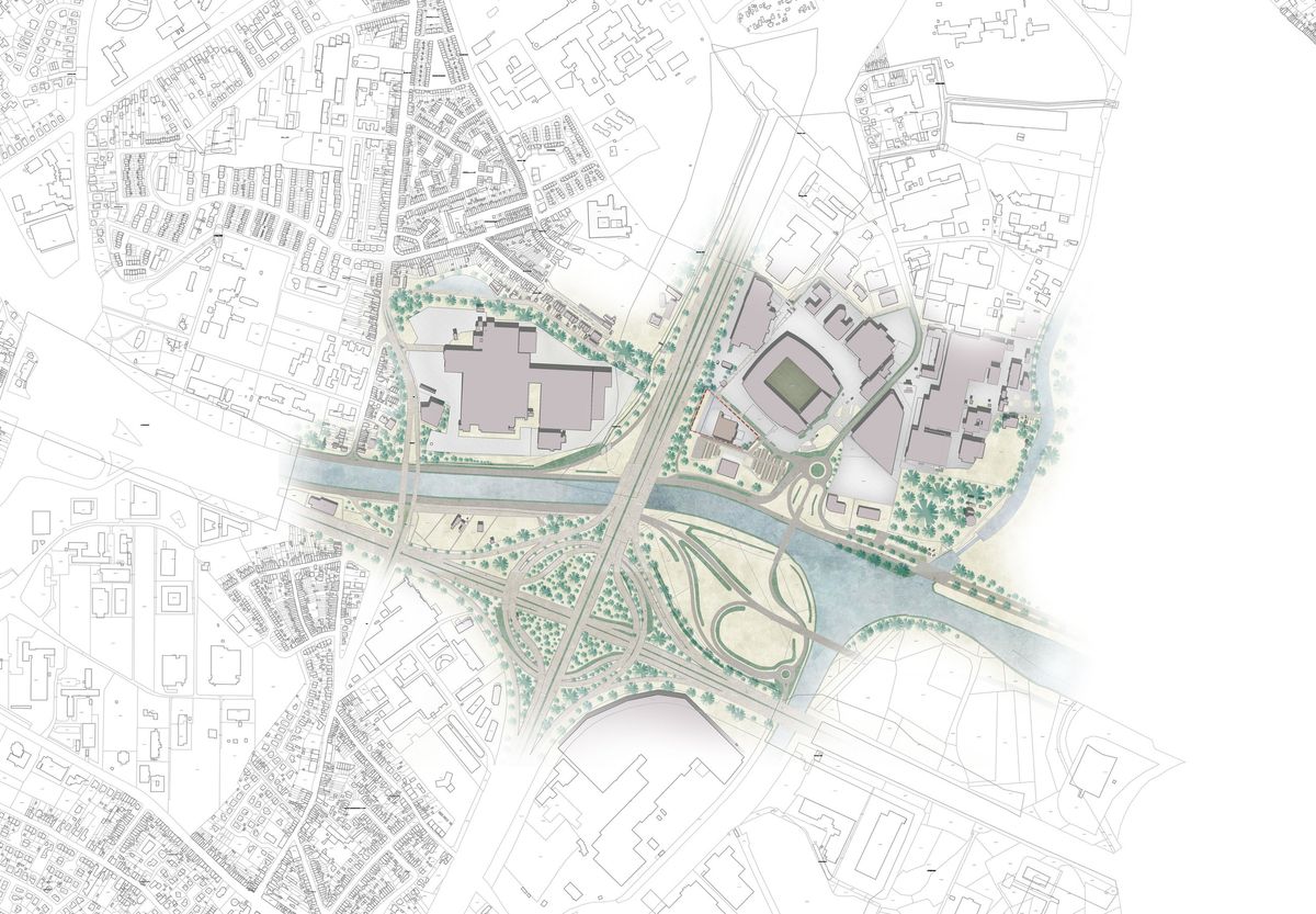 Site plan at city scale, the site between ring road, rail and water